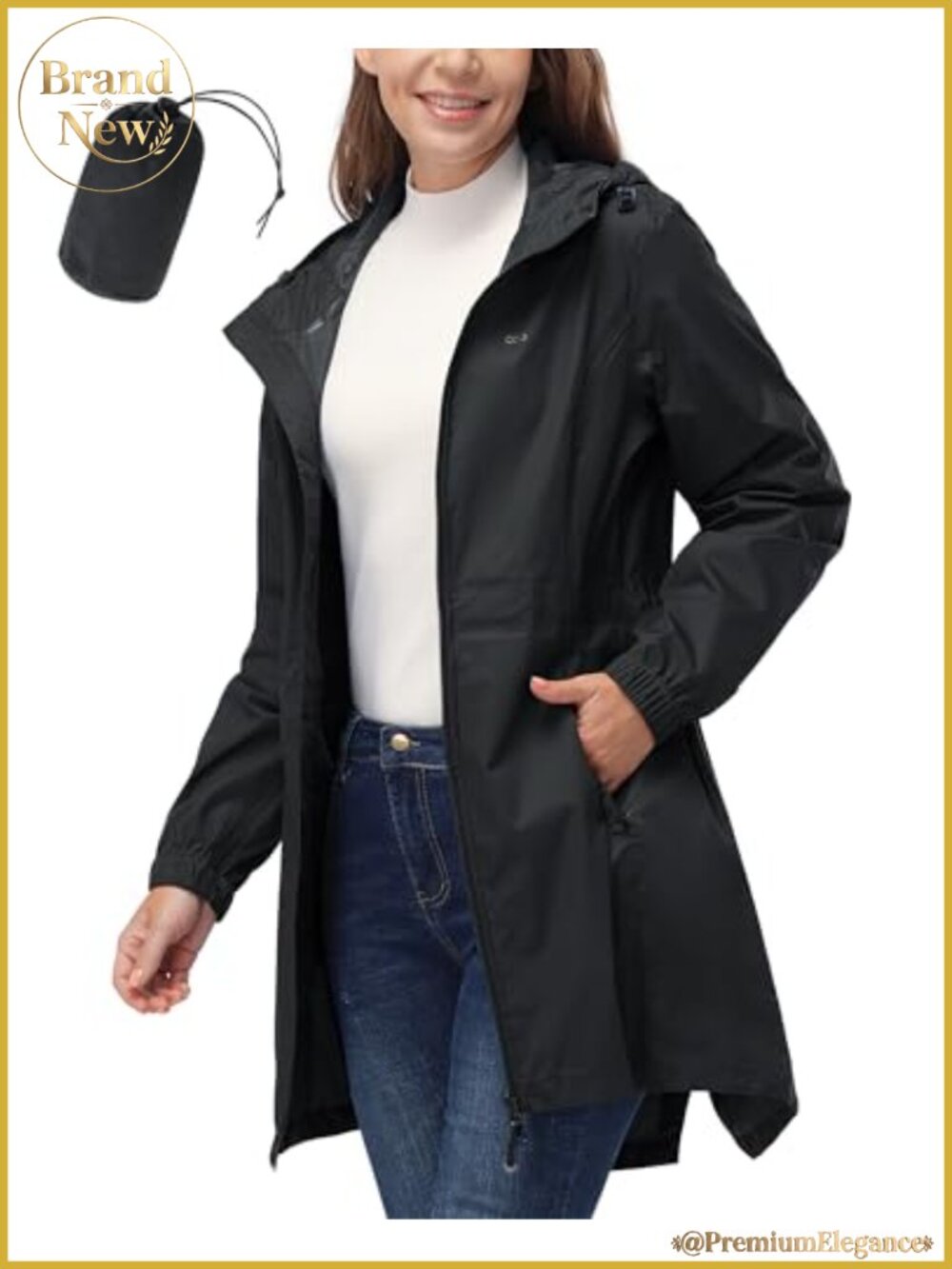 Waterproof Packable Long Rain Jacket with Hood Lightweight Trench
